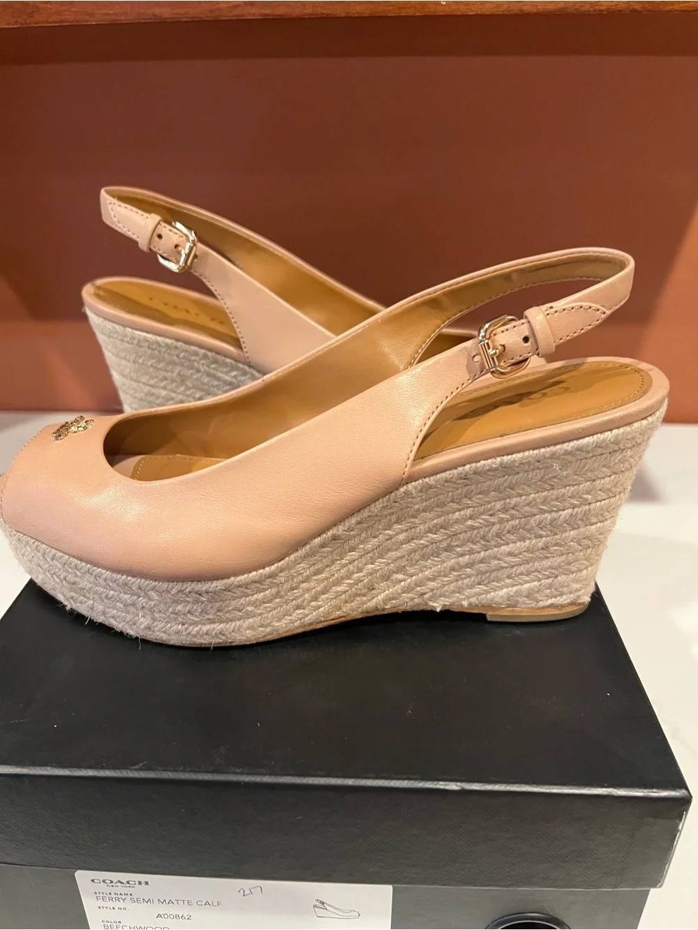 Coach Women’s Nude Peep-Toe Wedge Slingback